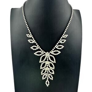 Vintage 1950s Rhinestone Prong Set Regal Style Y-Drop Leaf Choker 16" Necklace